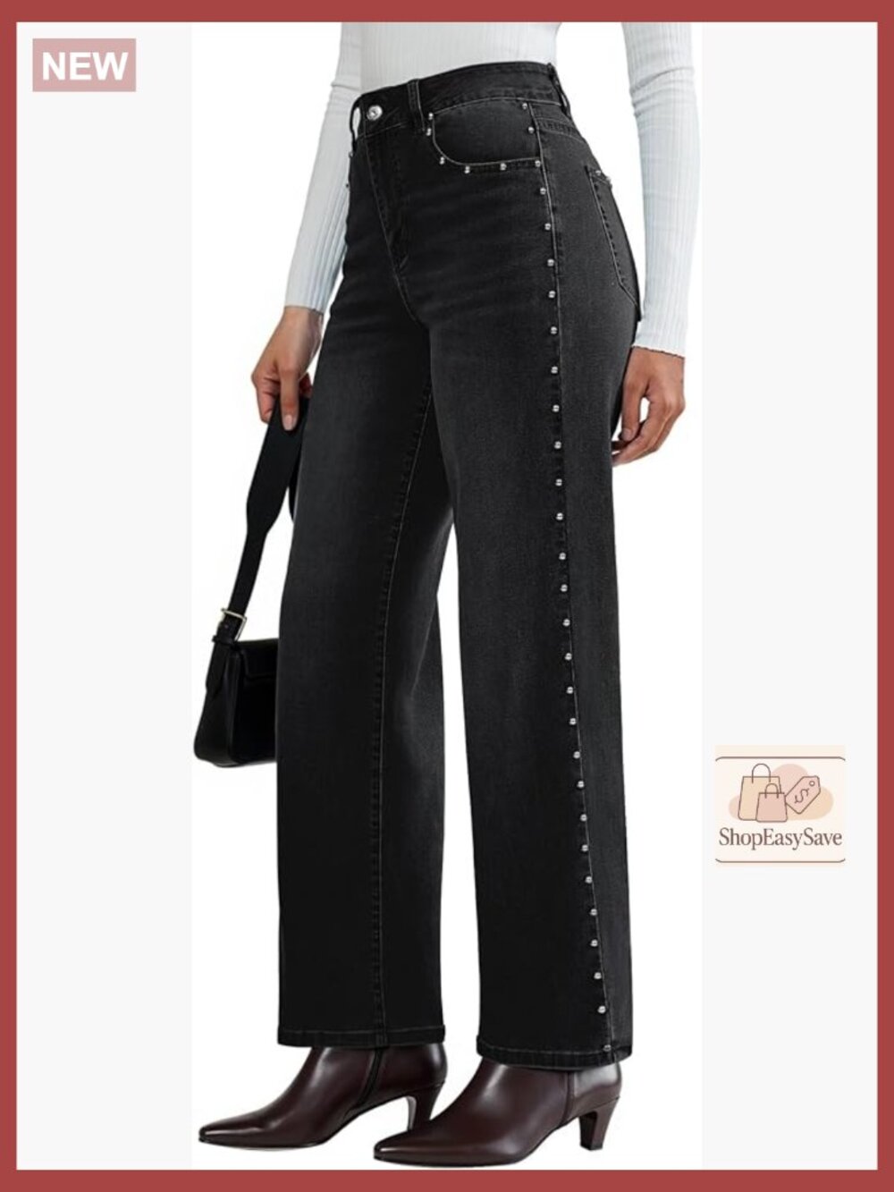Wide Leg High Waisted Studded Embellished Distressed Stretchy Denim Jeans Party